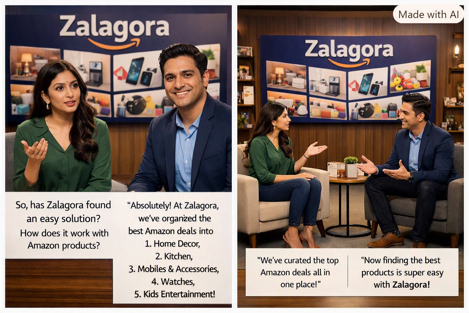 Zalagora hosts explaining how the best Amazon deals are organized into Home DÃ©cor, Kitchen, Mobile & Accessories, Watches and Kids Entertainment